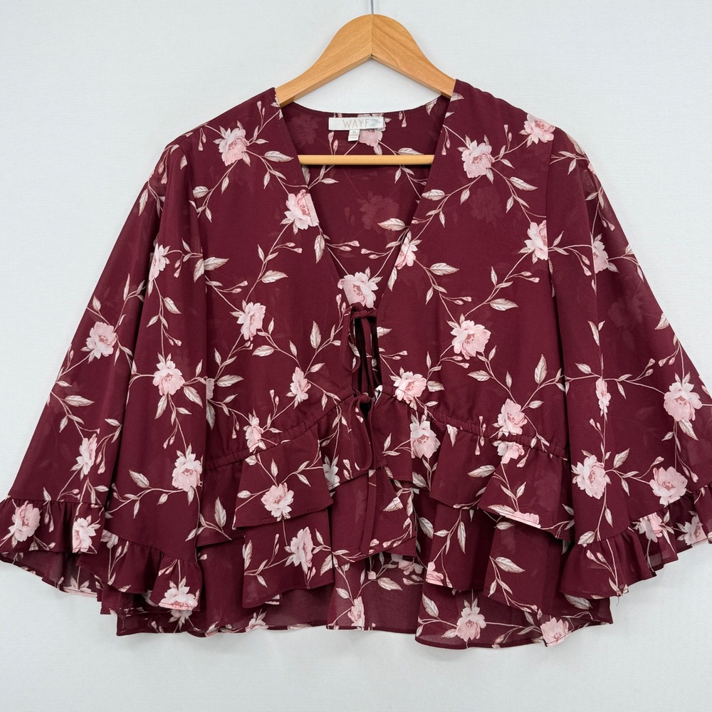 WAYF Floral Ruffle Blouse Womens Medium Burgundy Pink Tie Front Boho Cottagecore